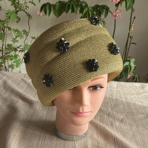 Elegant Metallic Gold and Black Crystal Floral Embellished Women's Hat